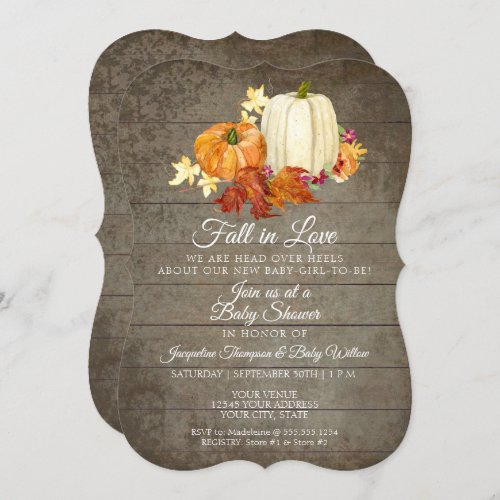 Rustic Floral Grey Wood Pumpkins Girl Baby Shower Invitation