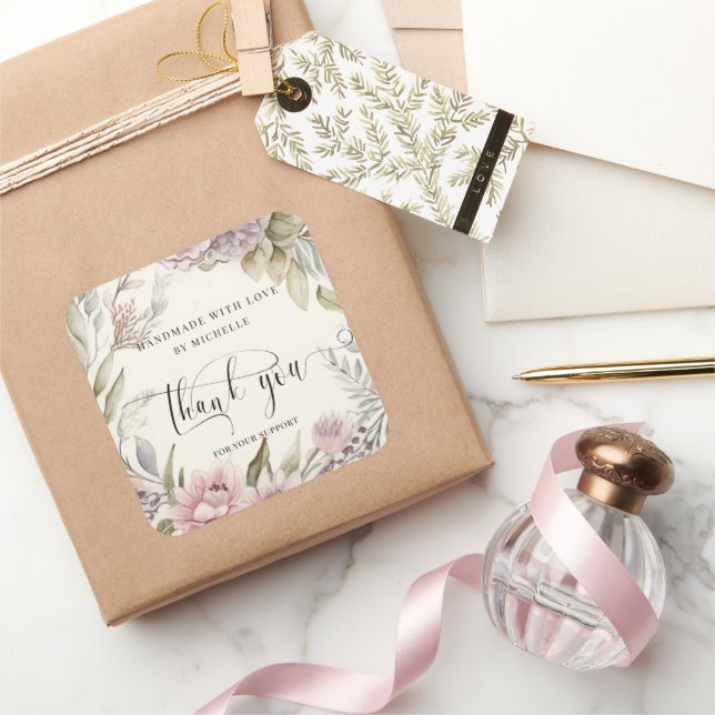 Rustic floral handmade with love thank you square sticker (Gifting)