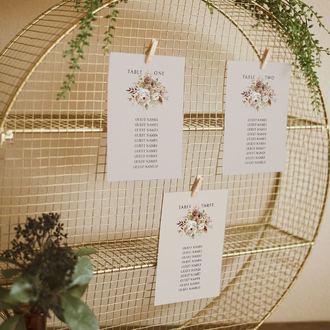 Rustic Floral Hanging Wedding Seating Chart Card (Wedding table seating chart cards - Rustic Floral Brown Neutral Wedding Collection by Darling & May)