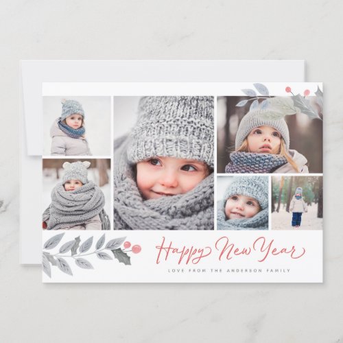 Rustic Floral Happy New Year  Multi_Photo Collage Holiday Card
