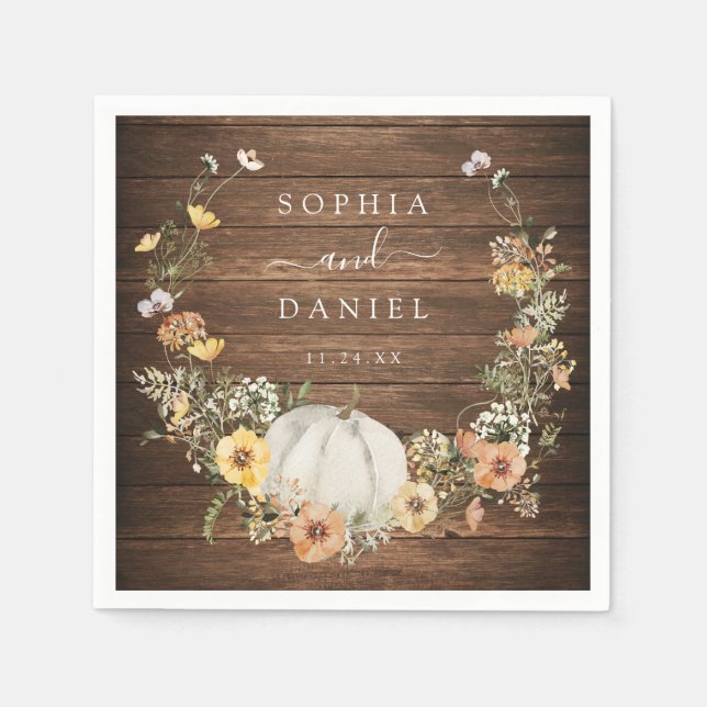 Rustic Floral Harvest Pumpkin Wedding Cocktail Napkins (Front)