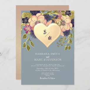 Rustic Floral Heart Gold Dusty Blue Wedding Invite