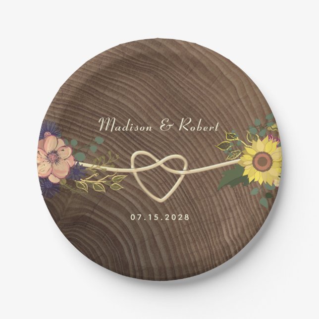 Rustic Floral Heart Wedding Paper Plates (Front)