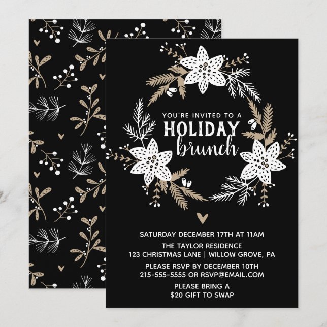 Rustic Floral Holiday Brunch Party Invitation (Front/Back)