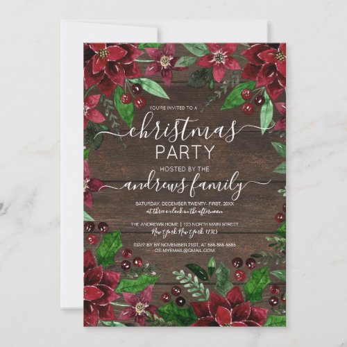 Rustic Floral Holly Ivy Watercolor Wood Christmas Invitation