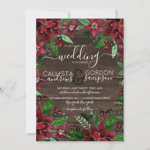 Rustic Floral Holly Ivy Watercolor Wood Wedding Invitation