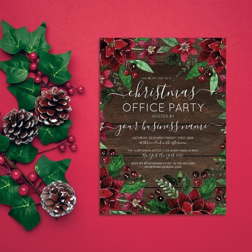 Rustic Floral Holly Ivy Wood Corporate Christmas Invitation