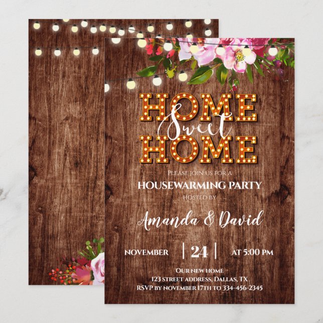 Rustic Floral Home Sweet Home Party Invitation (Front/Back)
