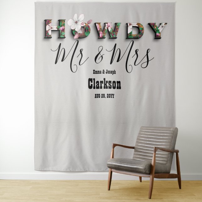 Rustic Floral Howdy Mr Mrs Linen Photo Backdrop (In Situ)
