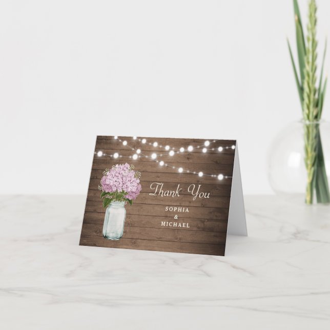 Rustic Floral Hydrangea Mason Jar String Lights Letterpress Thank You Card (Front)