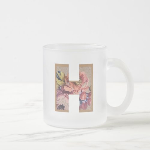 Rustic Floral Initial Letter H Monogram Frosted Glass Coffee Mug