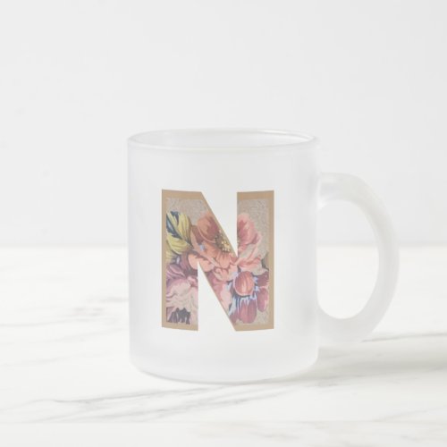 Rustic Floral Initial Letter N Monogram Frosted Glass Coffee Mug