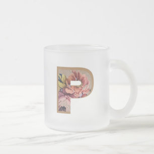 Rustic Floral Initial Letter P Monogram Frosted Glass Coffee Mug