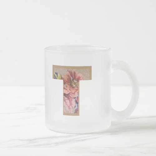 Rustic Floral Initial Letter T Monogram Frosted Glass Coffee Mug