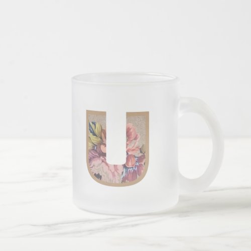 Rustic Floral Initial Letter U Monogram Frosted Glass Coffee Mug