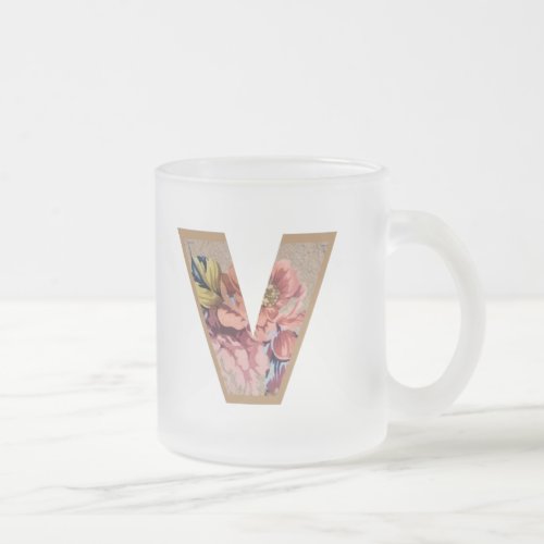 Rustic Floral Initial Letter V Monogram Frosted Glass Coffee Mug