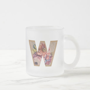 Rustic Floral Initial Letter W Monogram Frosted Glass Coffee Mug