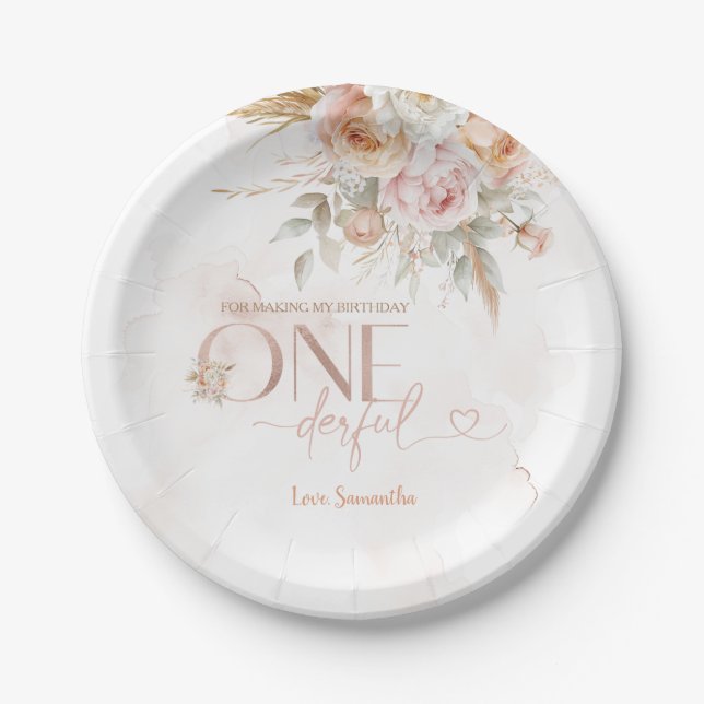 Rustic Floral Isn't She Onederful Birthday Paper Plates (Front)
