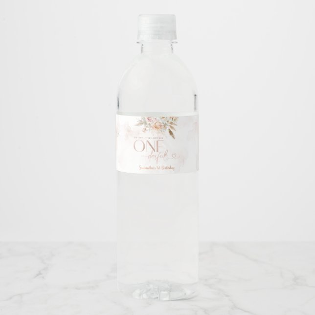 Rustic Floral Isn't She Onederful Birthday Water Bottle Label (Front)