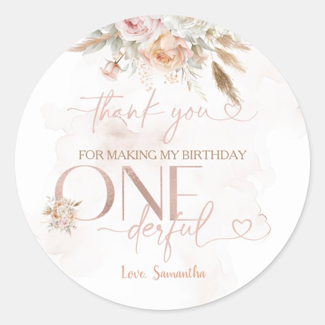 Rustic Floral Isn't She Onederful Thank You Classic Round Sticker (Front)
