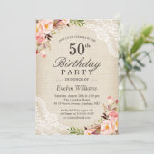 Rustic Floral Ivory Burlap Lace Birthday Party Invitation (Standing Front)