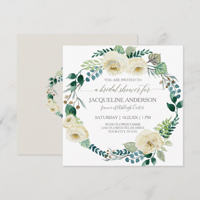 Rustic Floral Ivory Rose Foliage Bridal Shower  Invitation (Front/Back)
