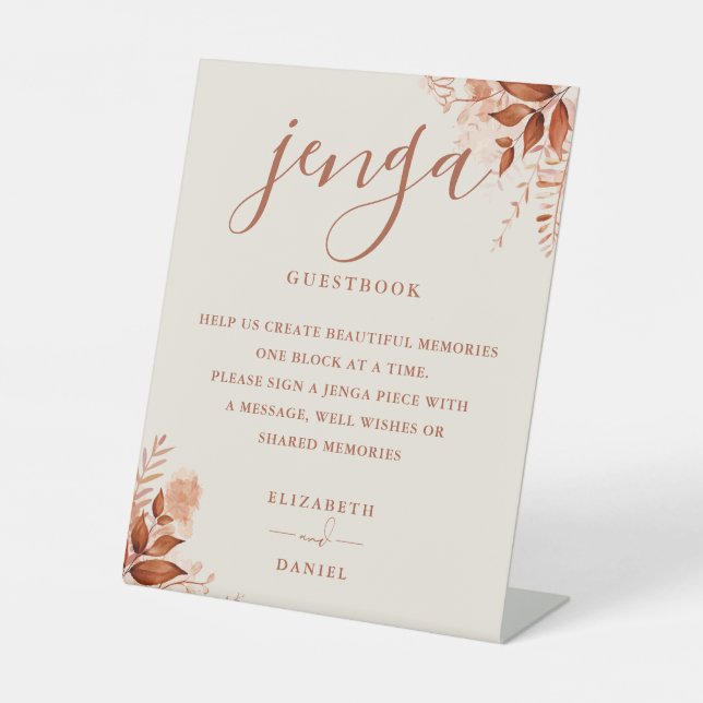 Rustic Floral Jenga Wedding Guestbook Pedestal Sign (Front)