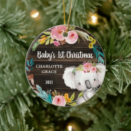 Rustic Floral Koala Babys First Christmas Ceramic Ornament