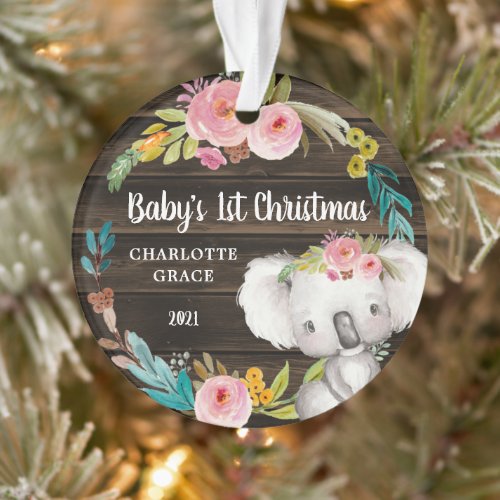 Rustic Floral Koala Babys First Christmas Ornament
