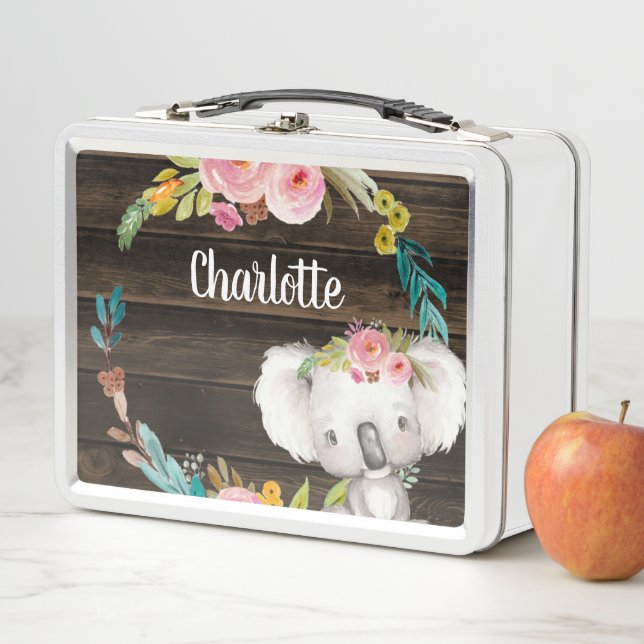 Rustic Floral Koala Personalized Girls Metal Lunch Box (In Situ)