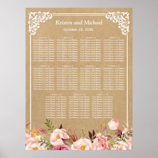 Rustic Floral Kraft Look | Wedding Seating Chart Poster