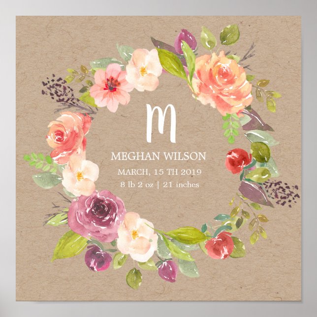 Rustic floral kraft Personalized Baby Birth Poster (Front)