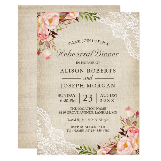 Rustic Floral Lace Burlap Wedding Rehearsal Dinner Invitation