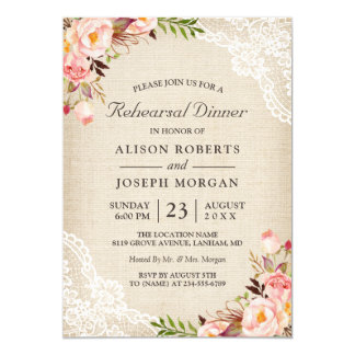 Rustic Floral Lace Burlap Wedding Rehearsal Dinner Invitation