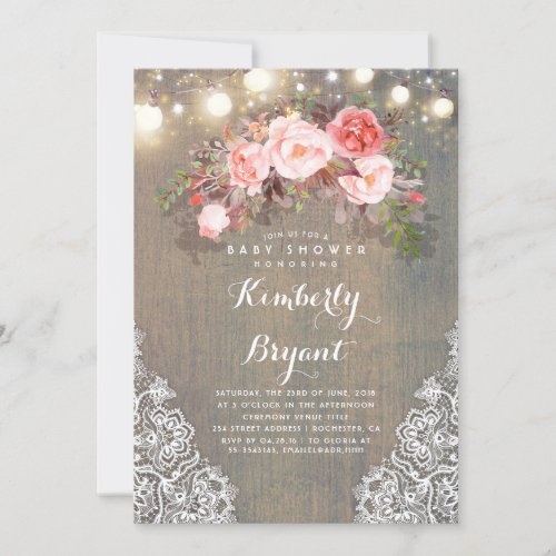 Rustic Floral Lace Lights Wood Baby Shower Invitation