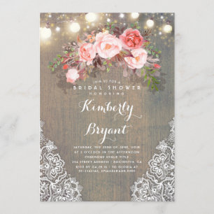 Rustic Floral Lace Lights Wood Bridal Shower Invitation