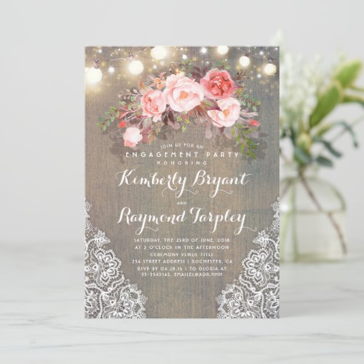 Rustic Floral Lace Lights Wood Engagement Party Invitation Zazzle
