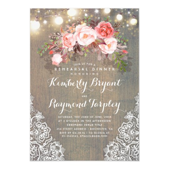 Rustic Floral Lace Lights Wood Rehearsal Dinner Invitation