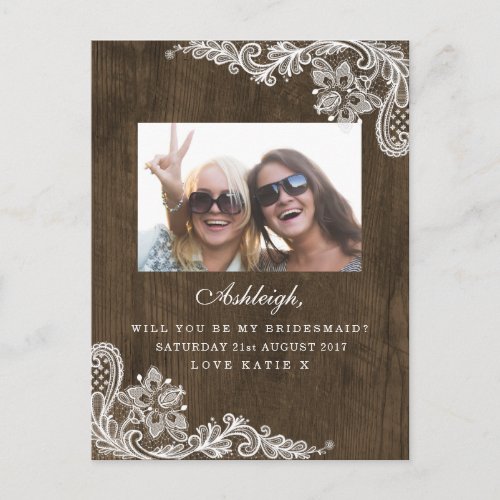 Rustic Floral Lace Photo Will You Be My Bridesmaid Invitation Postcard