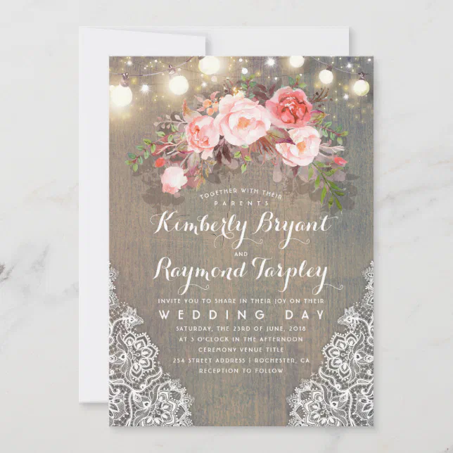 Rustic Floral Lace String Lights and Wood Wedding Invitation | Zazzle