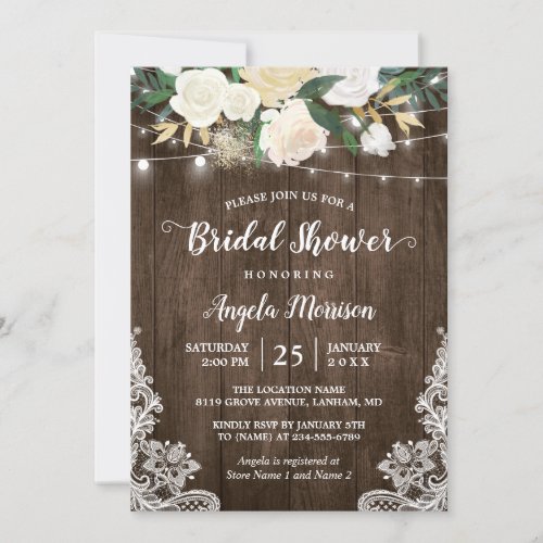 Rustic Floral Lace String Lights Bridal Shower Invitation