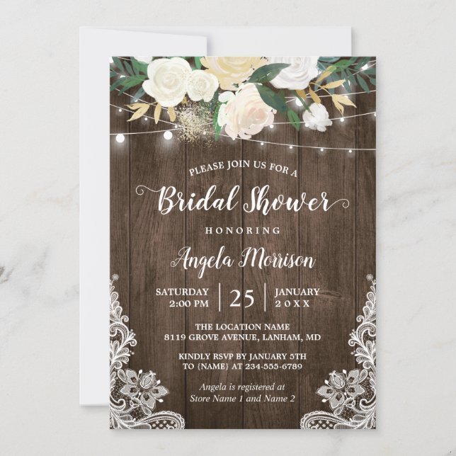 Rustic Floral Lace String Lights Bridal Shower Invitation (Front)