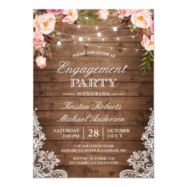 Rustic Floral Lace String Lights Engagement Party Invitation