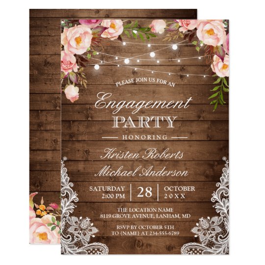 Rustic Floral Lace String Lights Engagement Party Invitation 