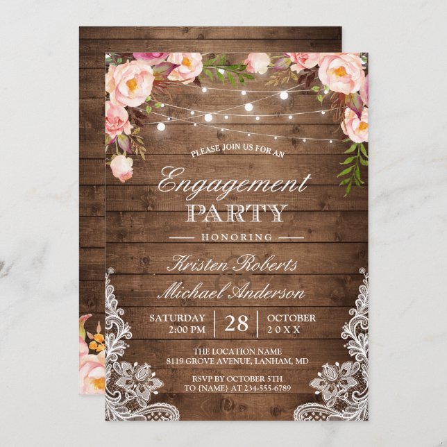 Rustic Floral Lace String Lights Engagement Party Invitation (Front/Back)