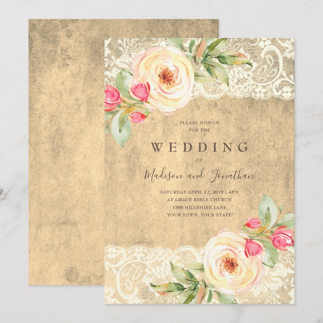 Rustic Floral Lace Vintage Wedding Invitation (Front/Back)