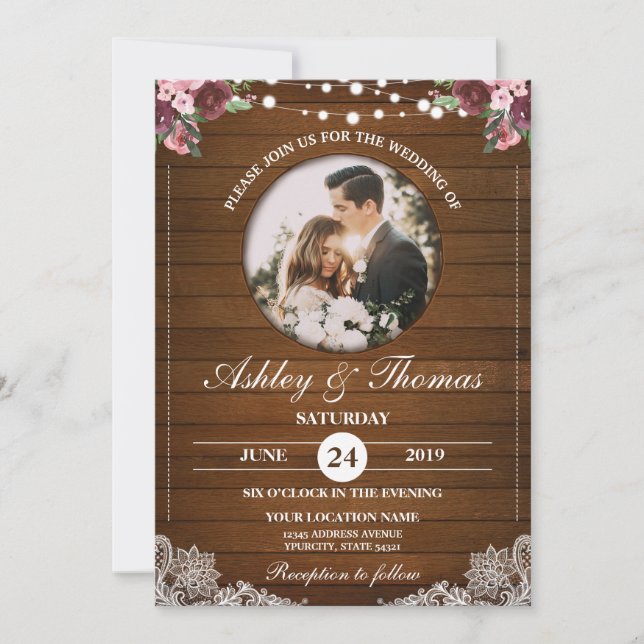 Rustic Floral Lace Wedding Wood Photo Personalize Invitation (Front)