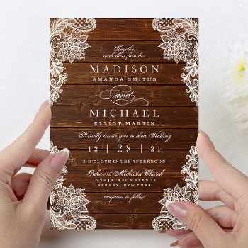 Rustic Floral Lace Wood Modern Wedding Invitation by girly_girl_graphics at Zazzle