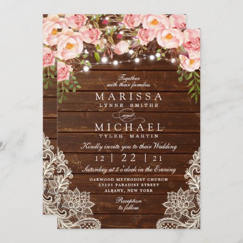 Rustic Floral Lace Wood Wedding Invitation