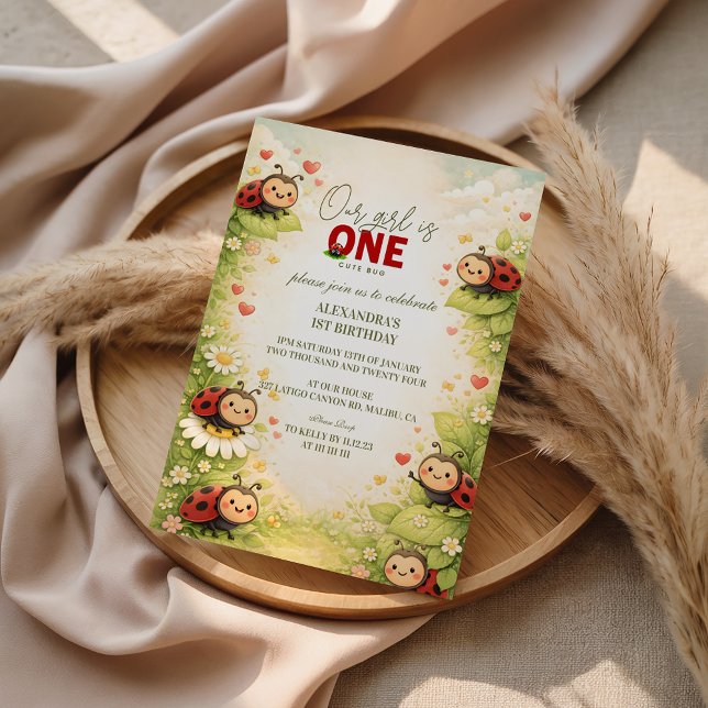Rustic Floral Lady Bug 1st Birthday Invitation (Creator Uploaded)